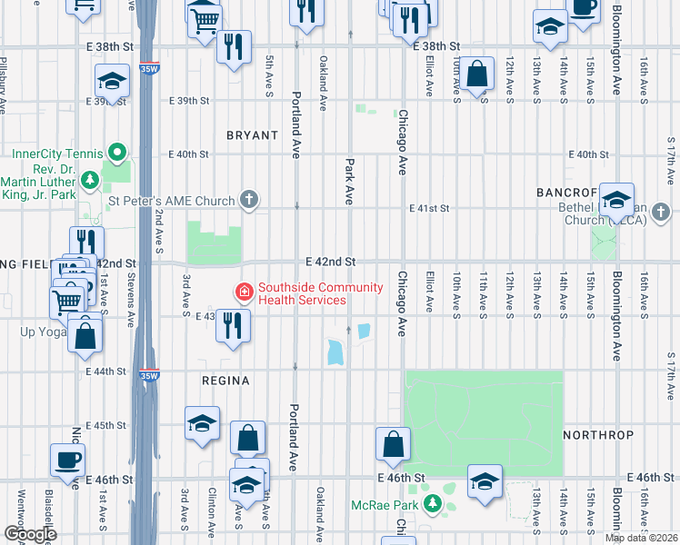 map of restaurants, bars, coffee shops, grocery stores, and more near 4212 Park Avenue in Minneapolis