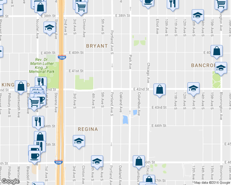 map of restaurants, bars, coffee shops, grocery stores, and more near 4209 Portland Avenue in Minneapolis
