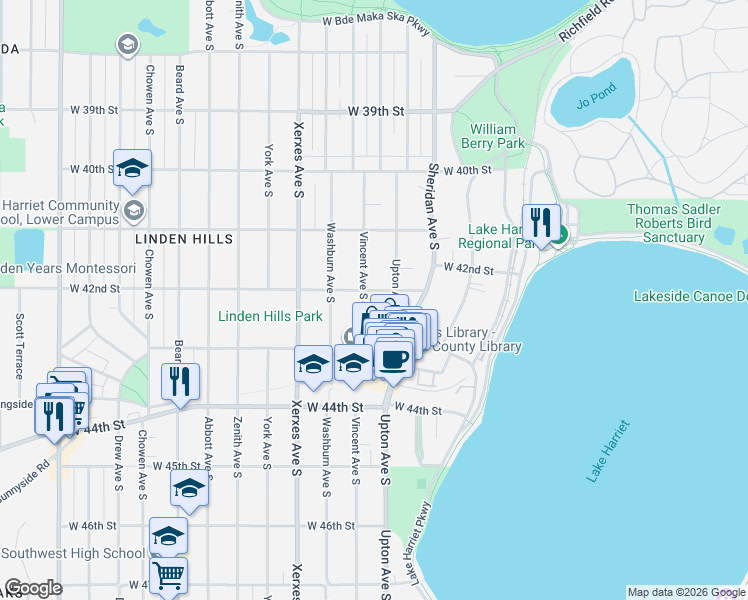 map of restaurants, bars, coffee shops, grocery stores, and more near 4208 Upton Avenue South in Minneapolis