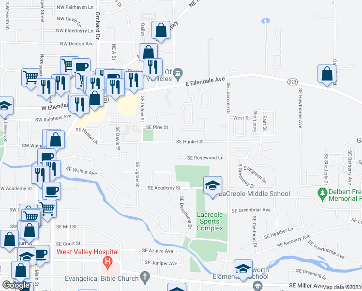 map of restaurants, bars, coffee shops, grocery stores, and more near 533 Southeast Hankel Street in Dallas