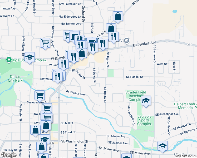 map of restaurants, bars, coffee shops, grocery stores, and more near 327 Southeast Hankel Street in Dallas