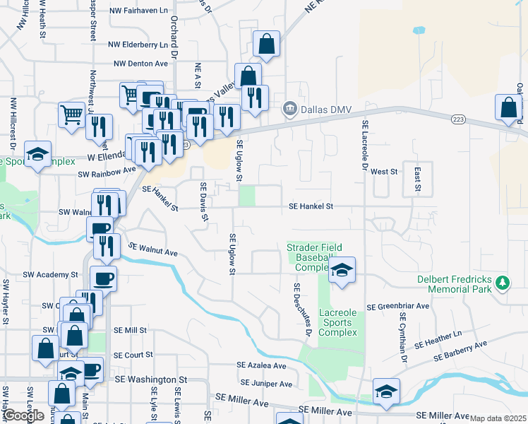 map of restaurants, bars, coffee shops, grocery stores, and more near 461 Southeast Hankel Street in Dallas