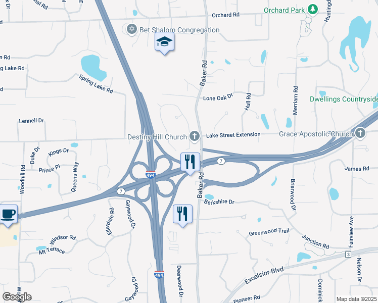 map of restaurants, bars, coffee shops, grocery stores, and more near 13235 Lake Street Extension in Hopkins
