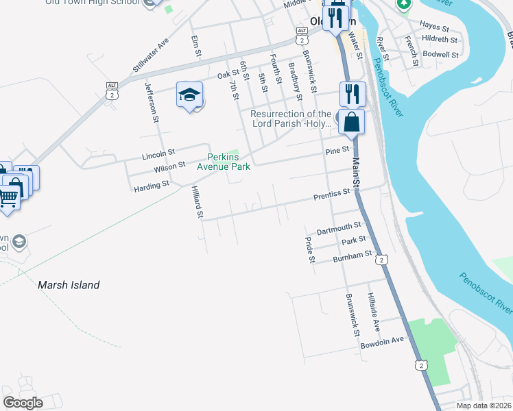 map of restaurants, bars, coffee shops, grocery stores, and more near 127 Prentiss Street in Old Town