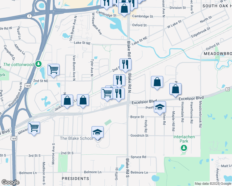 map of restaurants, bars, coffee shops, grocery stores, and more near 1025 Hill Street in Hopkins