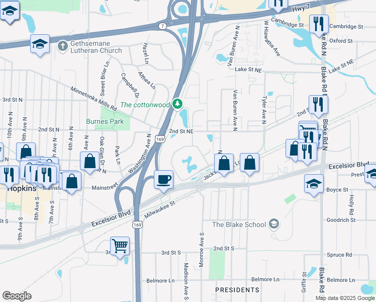 map of restaurants, bars, coffee shops, grocery stores, and more near 9350 Excelsior Boulevard in Hopkins