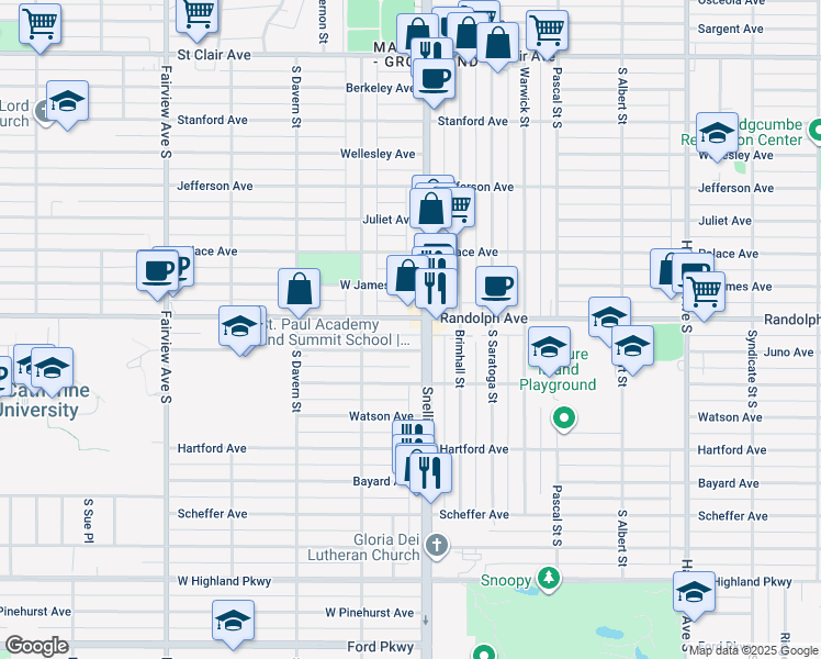 map of restaurants, bars, coffee shops, grocery stores, and more near 499 Snelling Avenue South in Saint Paul