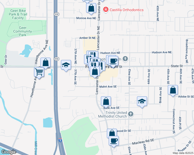 map of restaurants, bars, coffee shops, grocery stores, and more near 215 Lancaster Drive Southeast in Salem