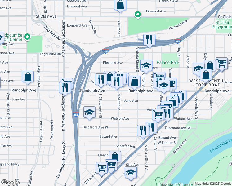 map of restaurants, bars, coffee shops, grocery stores, and more near 930 Randolph Avenue in Saint Paul