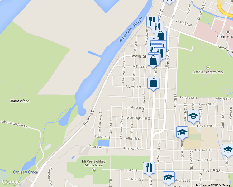 map of restaurants, bars, coffee shops, grocery stores, and more near 465 Leffelle Street South in Salem