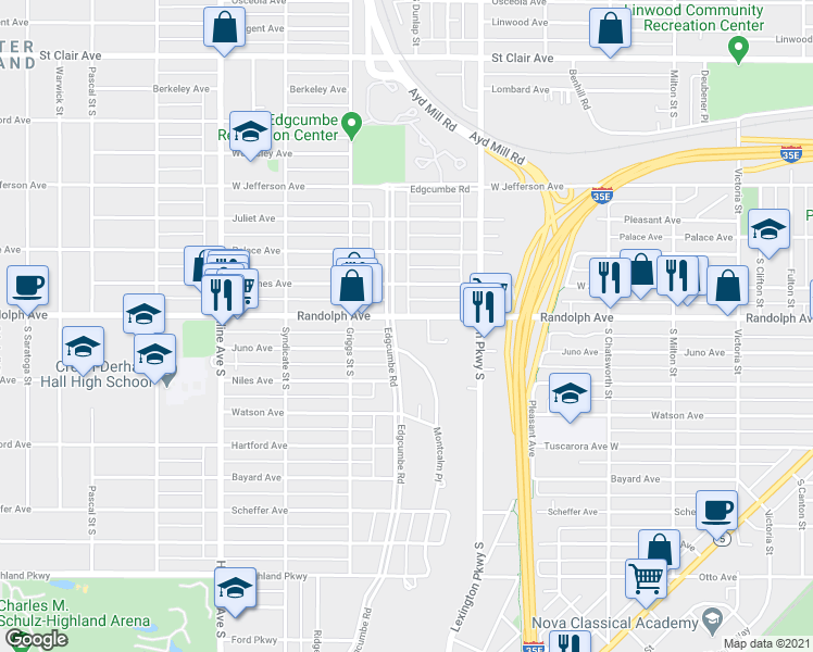 map of restaurants, bars, coffee shops, grocery stores, and more near 1172 Randolph Avenue in Saint Paul