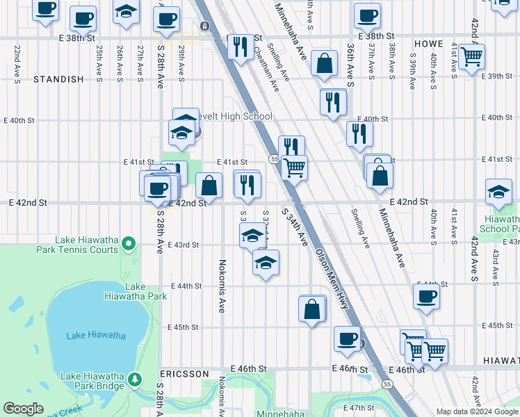 map of restaurants, bars, coffee shops, grocery stores, and more near 4200 South 32nd Avenue in Minneapolis
