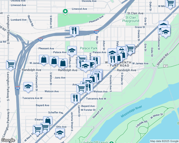 map of restaurants, bars, coffee shops, grocery stores, and more near 760 Randolph Avenue in Saint Paul