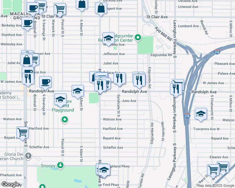 map of restaurants, bars, coffee shops, grocery stores, and more near 1282 Randolph Avenue in Saint Paul