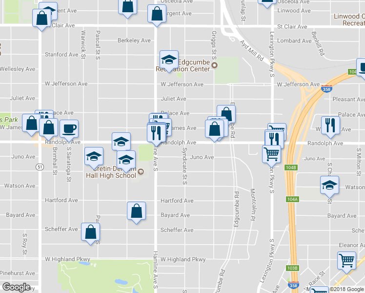 map of restaurants, bars, coffee shops, grocery stores, and more near 1282 Randolph Avenue in Saint Paul