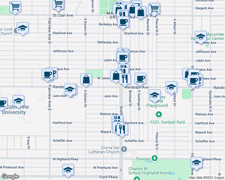 map of restaurants, bars, coffee shops, grocery stores, and more near 1608 Randolph Avenue in Saint Paul