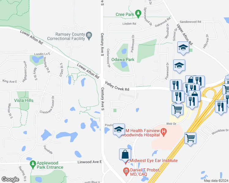 map of restaurants, bars, coffee shops, grocery stores, and more near 1590 Parkwood Drive in Woodbury