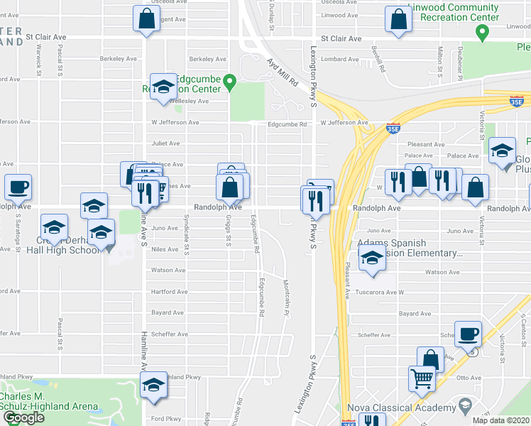map of restaurants, bars, coffee shops, grocery stores, and more near 1298 Edgcumbe Road in Saint Paul
