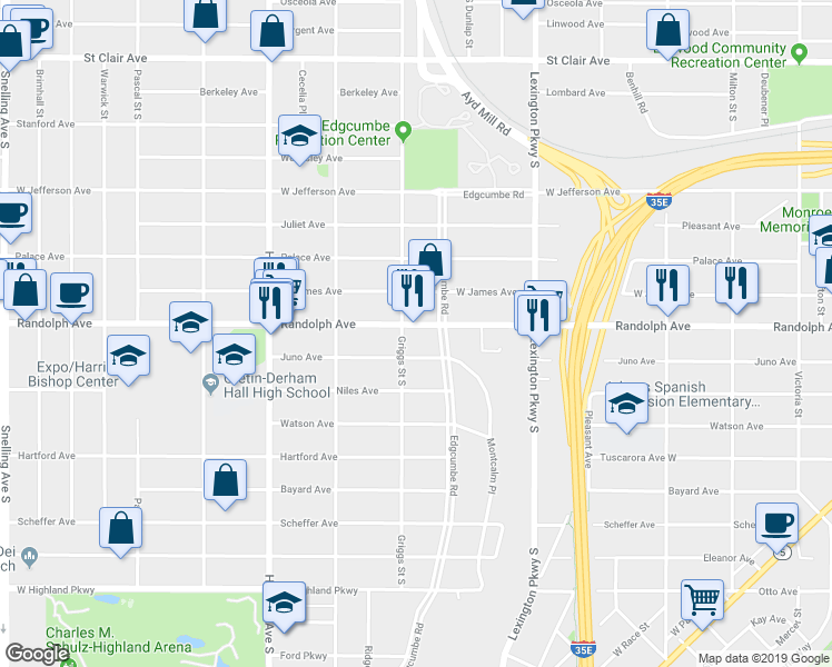 map of restaurants, bars, coffee shops, grocery stores, and more near 484 Griggs Street South in Saint Paul