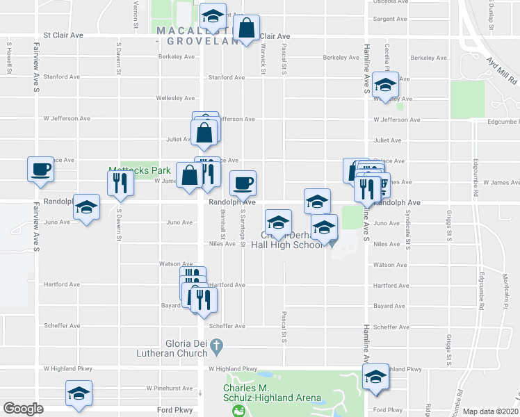 map of restaurants, bars, coffee shops, grocery stores, and more near 497 Warwick Street in Saint Paul