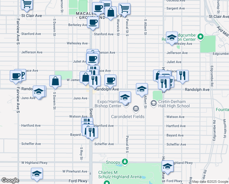 map of restaurants, bars, coffee shops, grocery stores, and more near 497 Warwick Street in Saint Paul