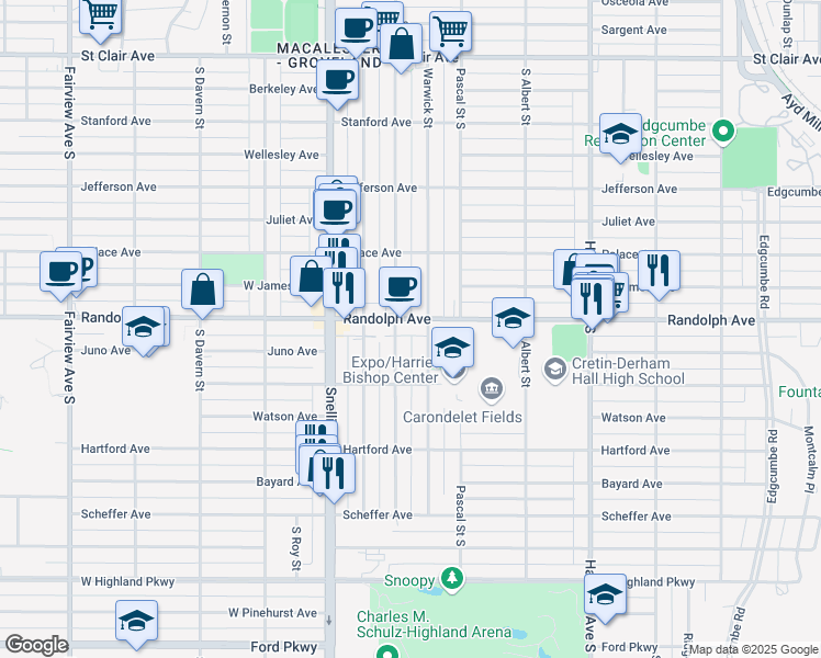 map of restaurants, bars, coffee shops, grocery stores, and more near 497 Warwick Street in Saint Paul
