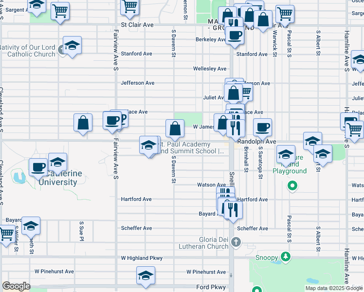 map of restaurants, bars, coffee shops, grocery stores, and more near 1669 Juno Avenue in Saint Paul