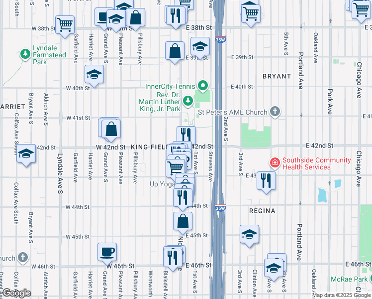 map of restaurants, bars, coffee shops, grocery stores, and more near 4201 Nicollet Avenue in Minneapolis