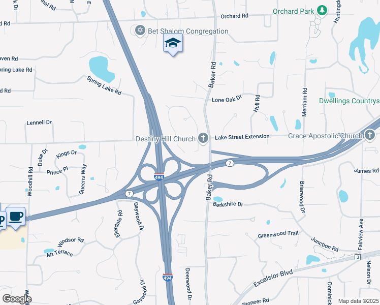 map of restaurants, bars, coffee shops, grocery stores, and more near 13235 Lake Street Extension in Hopkins