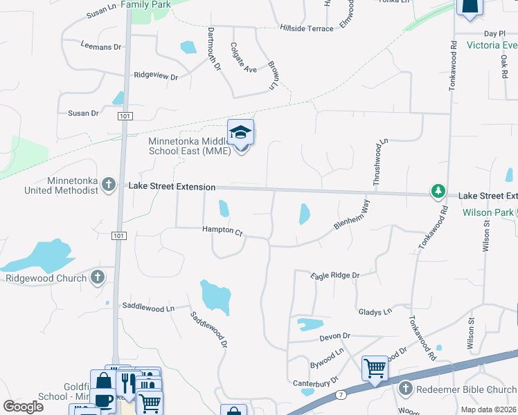 map of restaurants, bars, coffee shops, grocery stores, and more near 16924 Marlborough Circle in Minnetonka