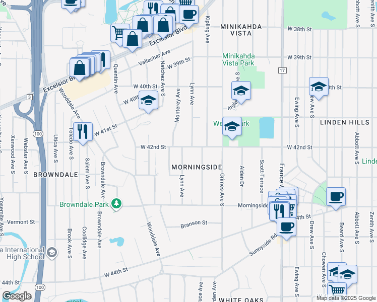 map of restaurants, bars, coffee shops, grocery stores, and more near 4211 Lynn Avenue in Minneapolis