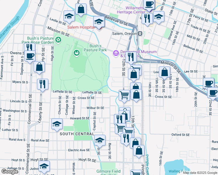 map of restaurants, bars, coffee shops, grocery stores, and more near 1101-1123 Leffelle Street Southeast in Salem