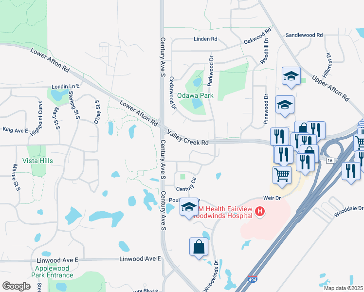 map of restaurants, bars, coffee shops, grocery stores, and more near 1590 Parkwood Drive in Woodbury