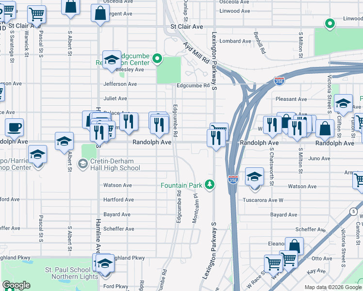 map of restaurants, bars, coffee shops, grocery stores, and more near 1298 Edgcumbe Road in Saint Paul