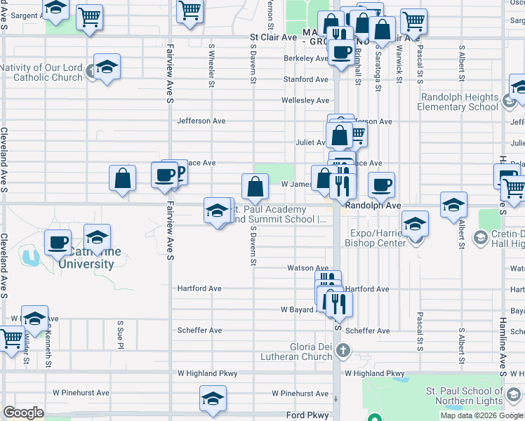 map of restaurants, bars, coffee shops, grocery stores, and more near 1688 Randolph Avenue in Saint Paul
