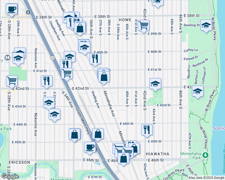map of restaurants, bars, coffee shops, grocery stores, and more near 3819 East 42nd Street in Minneapolis