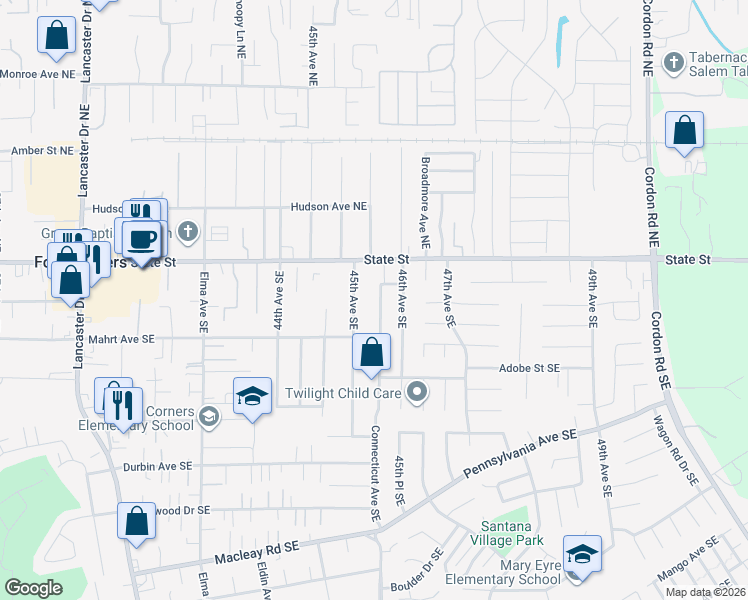map of restaurants, bars, coffee shops, grocery stores, and more near 244 45th Avenue Southeast in Salem
