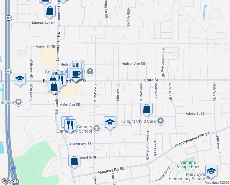 map of restaurants, bars, coffee shops, grocery stores, and more near 4342 State Street in Salem