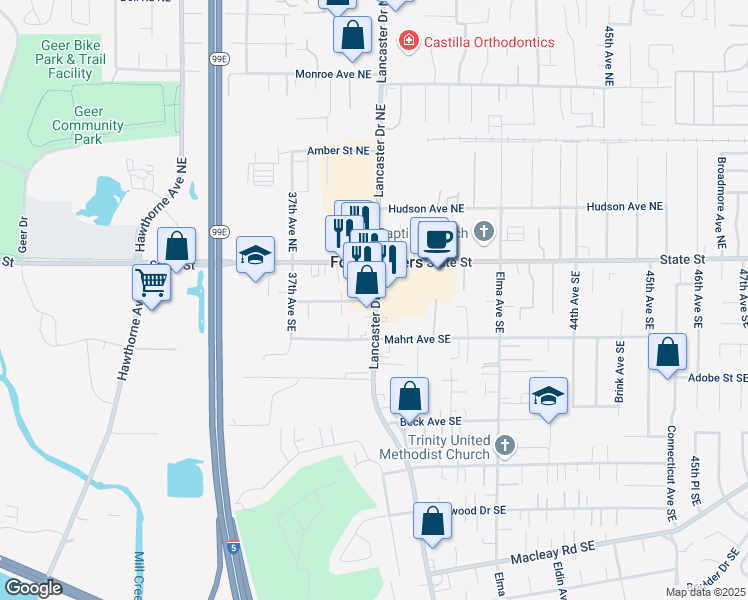 map of restaurants, bars, coffee shops, grocery stores, and more near 215 Lancaster Drive Southeast in Salem