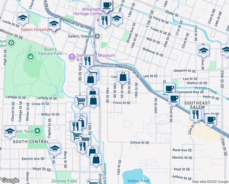 map of restaurants, bars, coffee shops, grocery stores, and more near 1130 15th Street Southeast in Salem