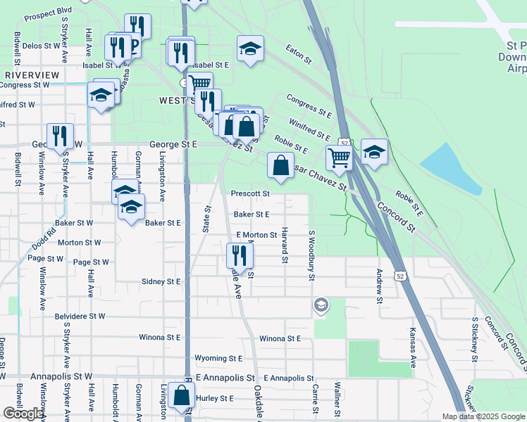 map of restaurants, bars, coffee shops, grocery stores, and more near 216 Baker Street East in Saint Paul