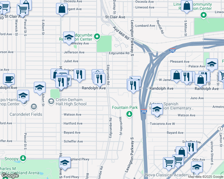 map of restaurants, bars, coffee shops, grocery stores, and more near 1298 Edgcumbe Road in Saint Paul
