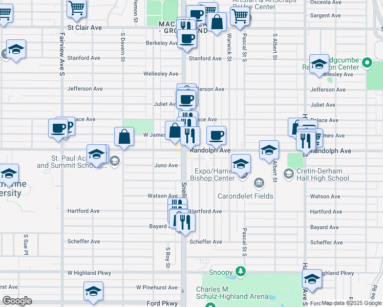 map of restaurants, bars, coffee shops, grocery stores, and more near 496 Snelling Avenue South in Saint Paul