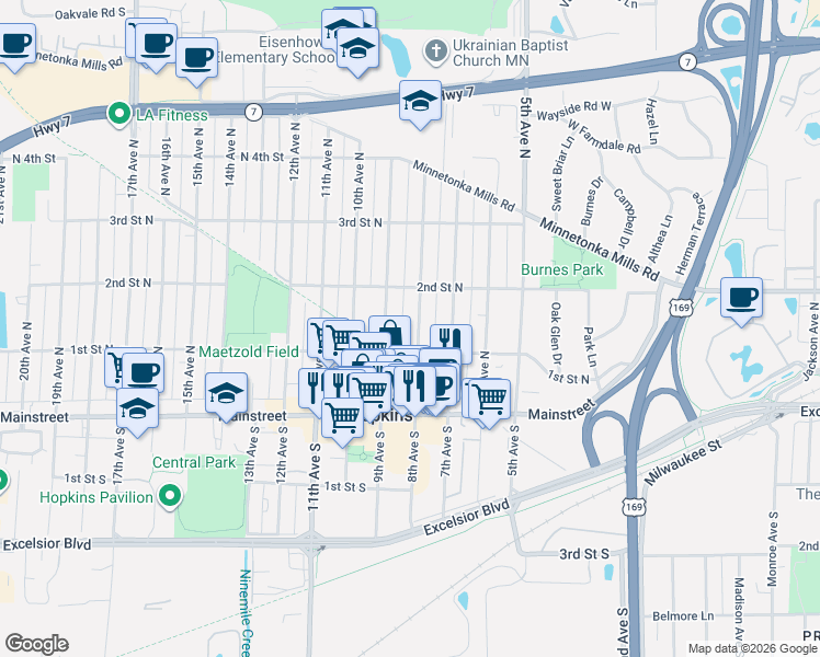 map of restaurants, bars, coffee shops, grocery stores, and more near 109 9th Avenue North in Hopkins