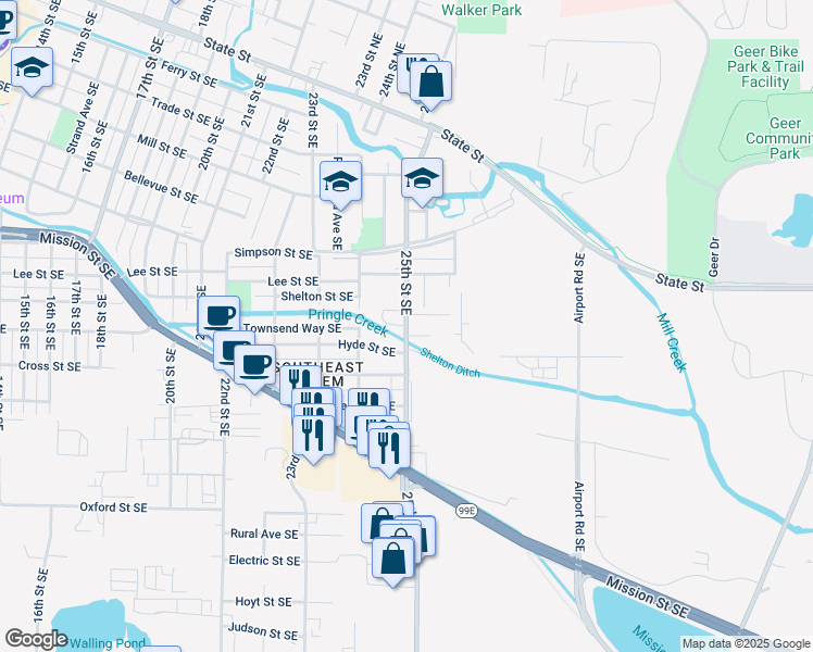 map of restaurants, bars, coffee shops, grocery stores, and more near 847 25th Street Southeast in Salem