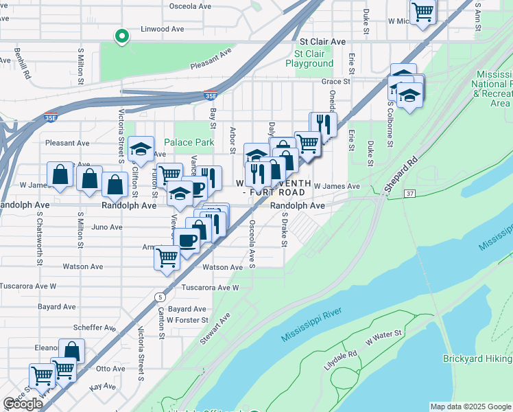 map of restaurants, bars, coffee shops, grocery stores, and more near Randolph Avenue in Saint Paul