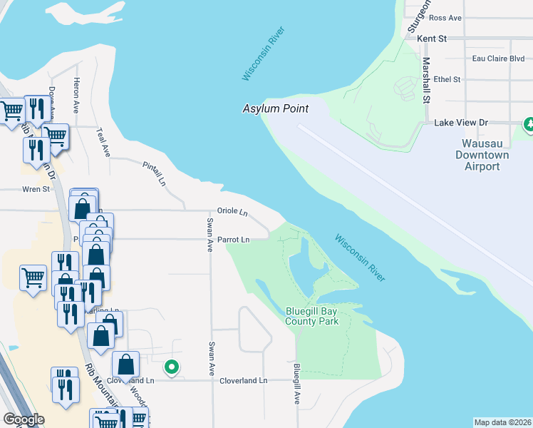 map of restaurants, bars, coffee shops, grocery stores, and more near 152972 Oriole Lane in Wausau
