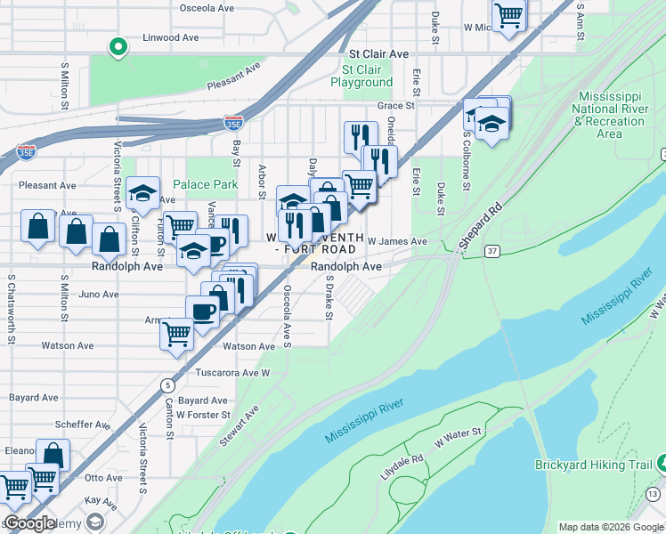 map of restaurants, bars, coffee shops, grocery stores, and more near Randolph Avenue in Saint Paul