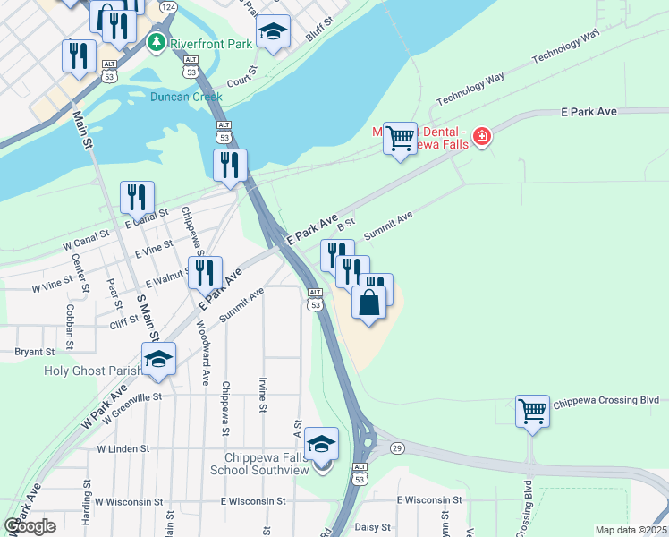 map of restaurants, bars, coffee shops, grocery stores, and more near 501 Summit Avenue in Chippewa Falls