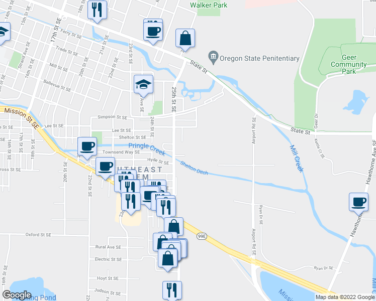 map of restaurants, bars, coffee shops, grocery stores, and more near 2551 Hyde Court Southeast in Salem